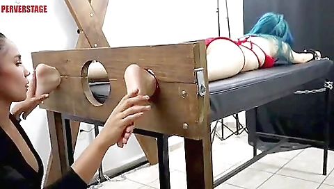 Lesbian Cutie Ass Up Whipping And Tickle In Stocks